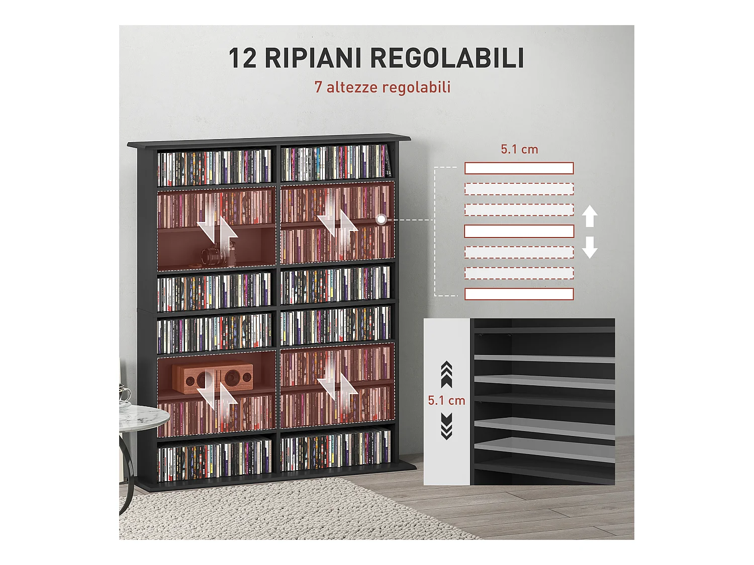 Mobile libreria a 16 ripiani per 720 cd in legno 106.5x24x123.7cm nero