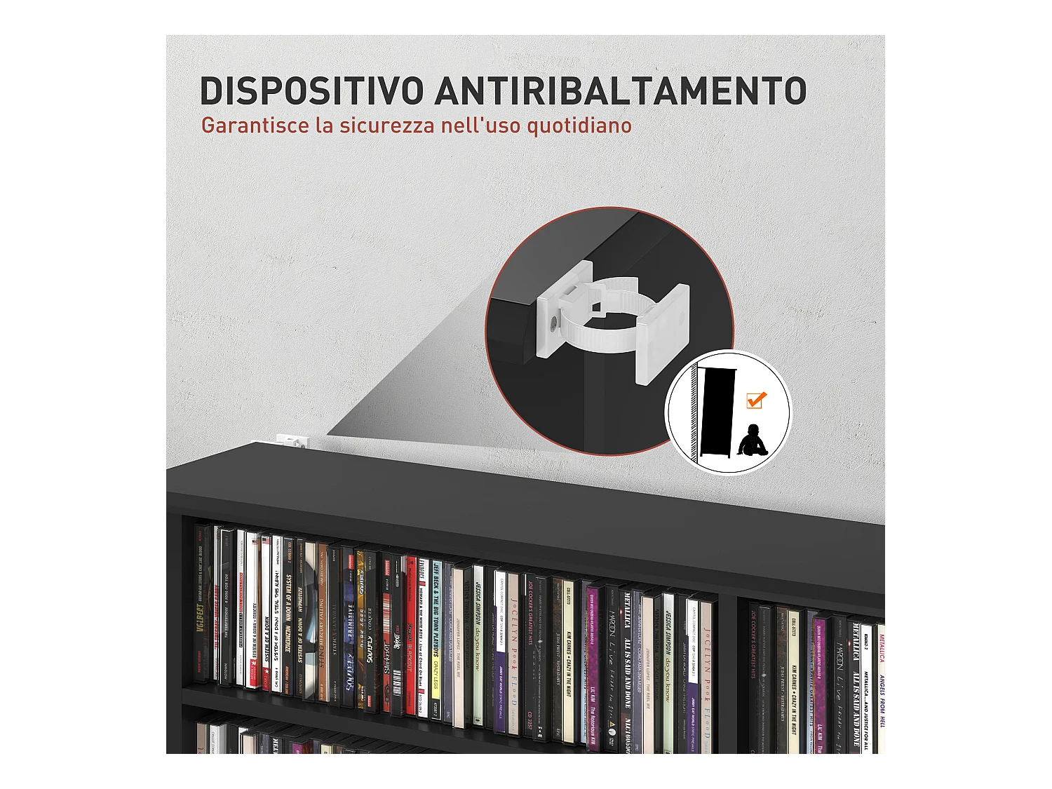 Mobile libreria a 16 ripiani per 720 cd in legno 106.5x24x123.7cm nero