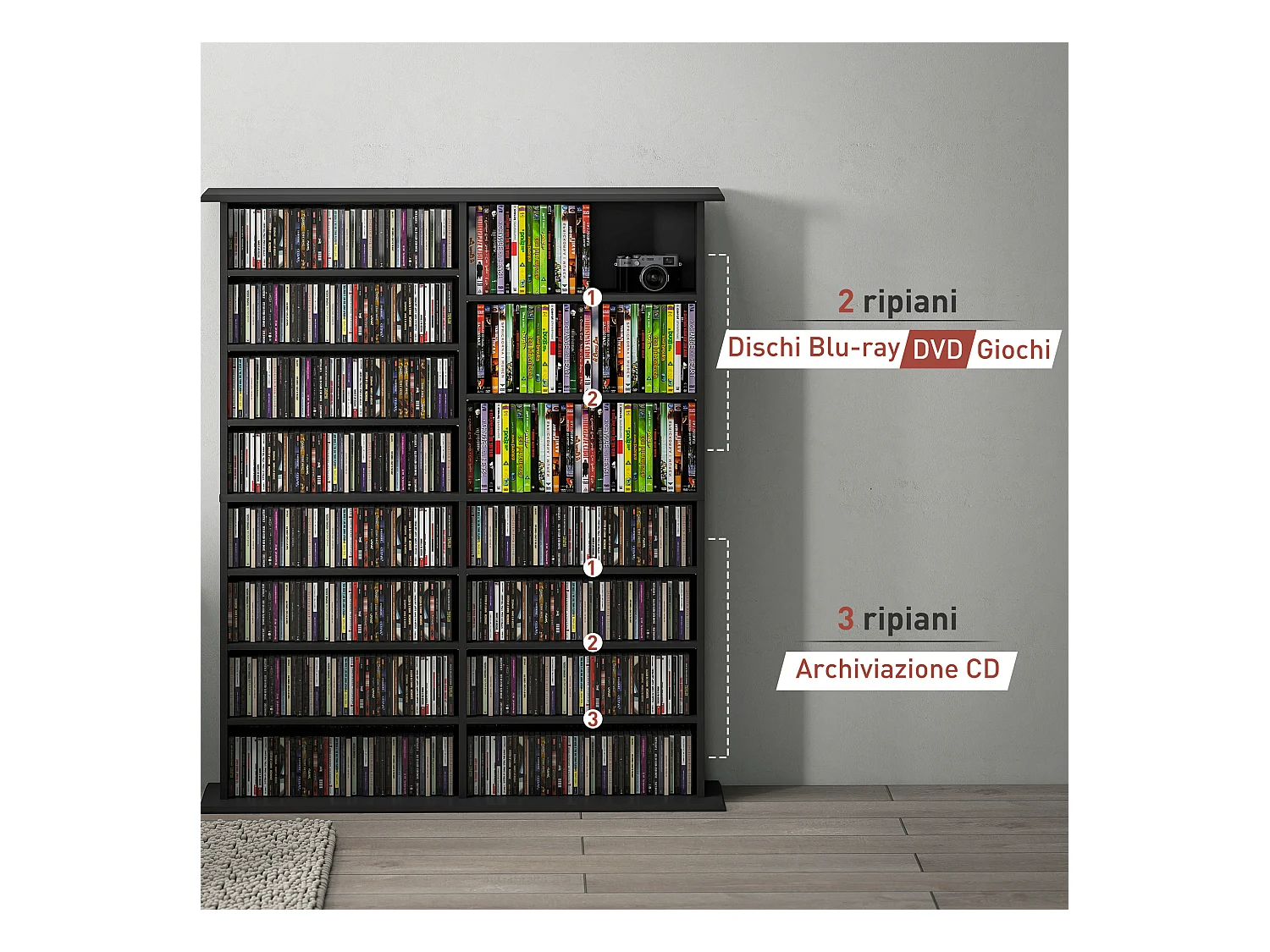 Mobile libreria a 16 ripiani per 720 cd in legno 106.5x24x123.7cm nero