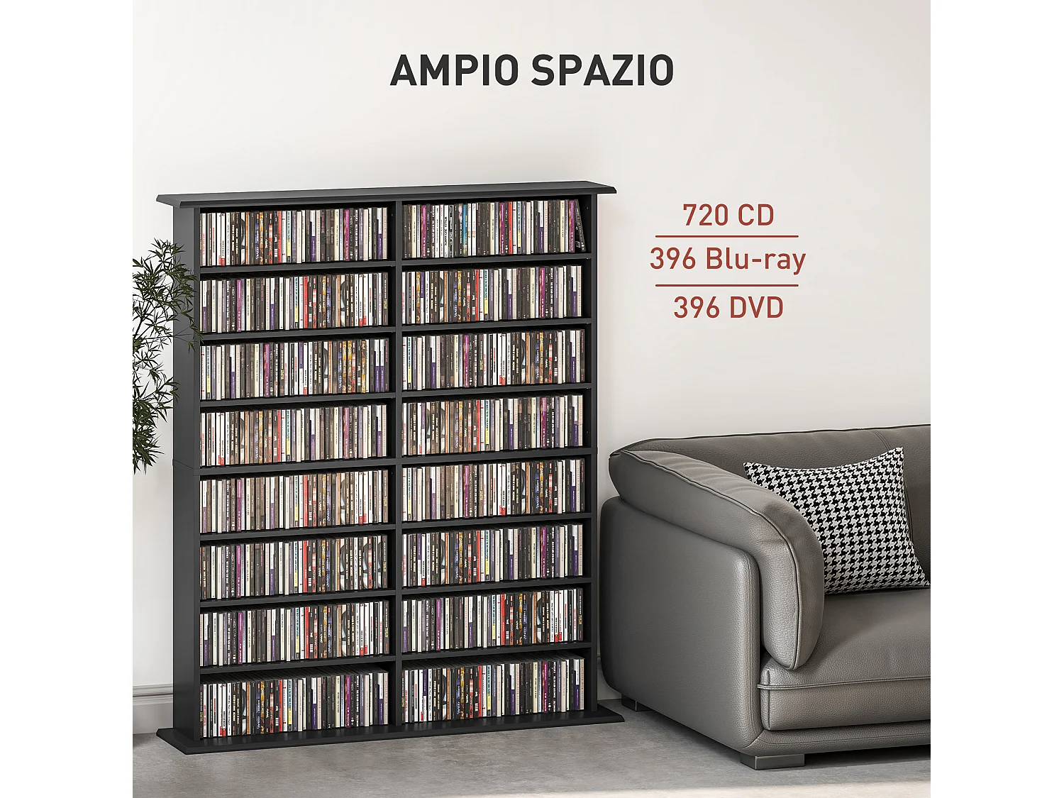 Mobile libreria a 16 ripiani per 720 cd in legno 106.5x24x123.7cm nero