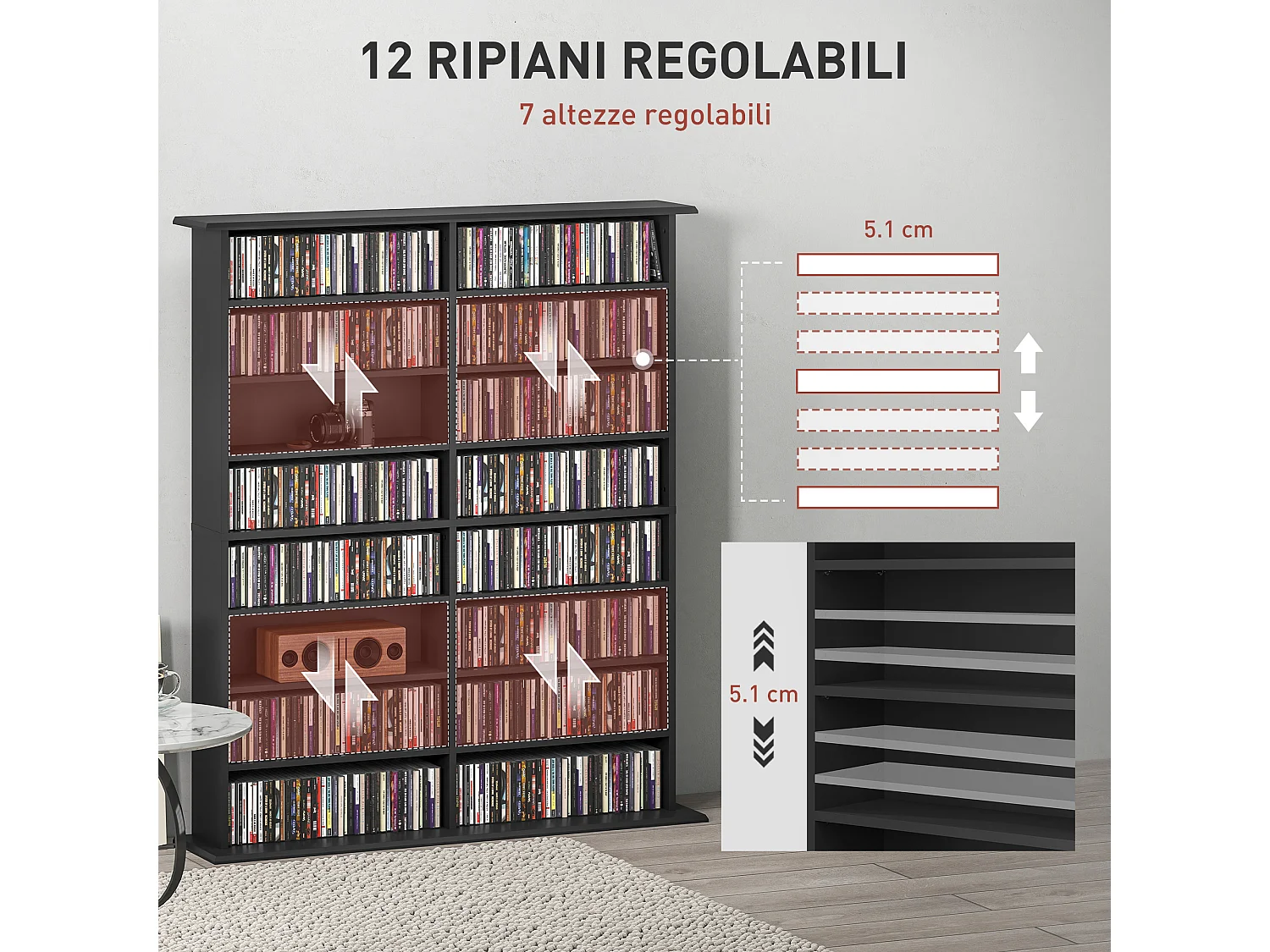 Mobile libreria a 16 ripiani per 720 cd in legno 106.5x24x123.7cm nero