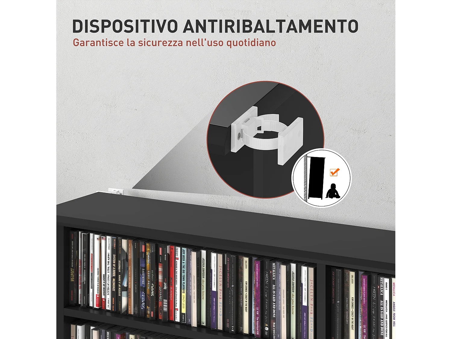 Mobile libreria a 16 ripiani per 720 cd in legno 106.5x24x123.7cm nero