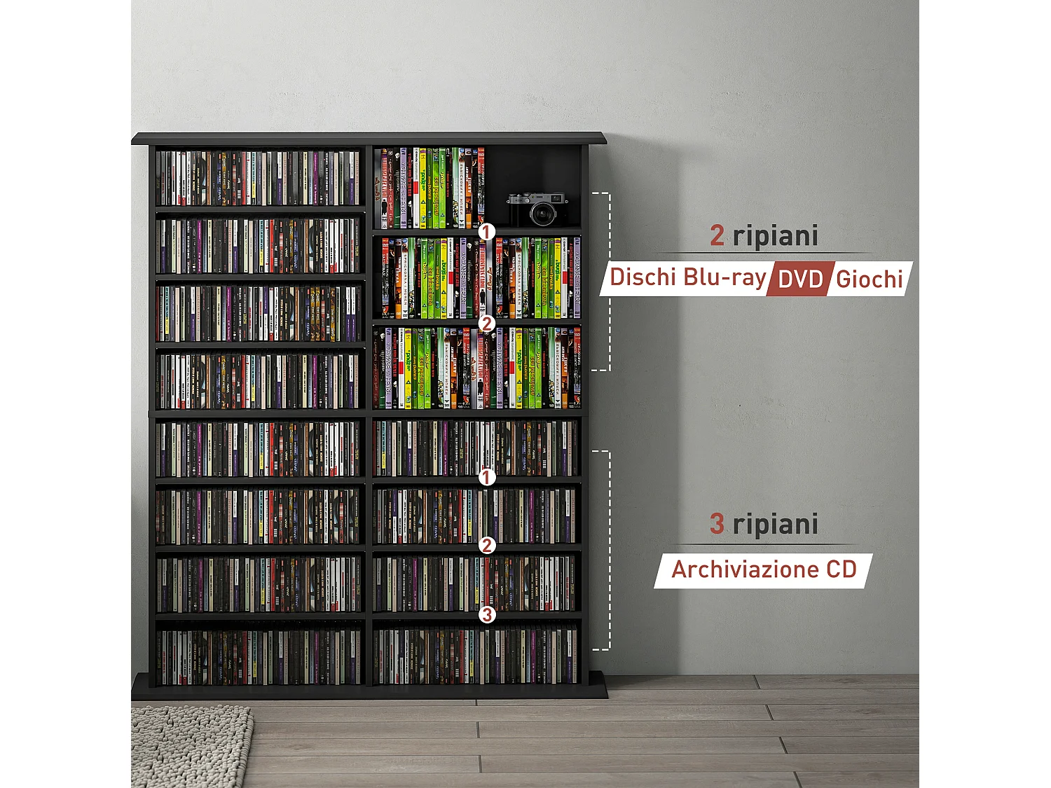Mobile libreria a 16 ripiani per 720 cd in legno 106.5x24x123.7cm nero