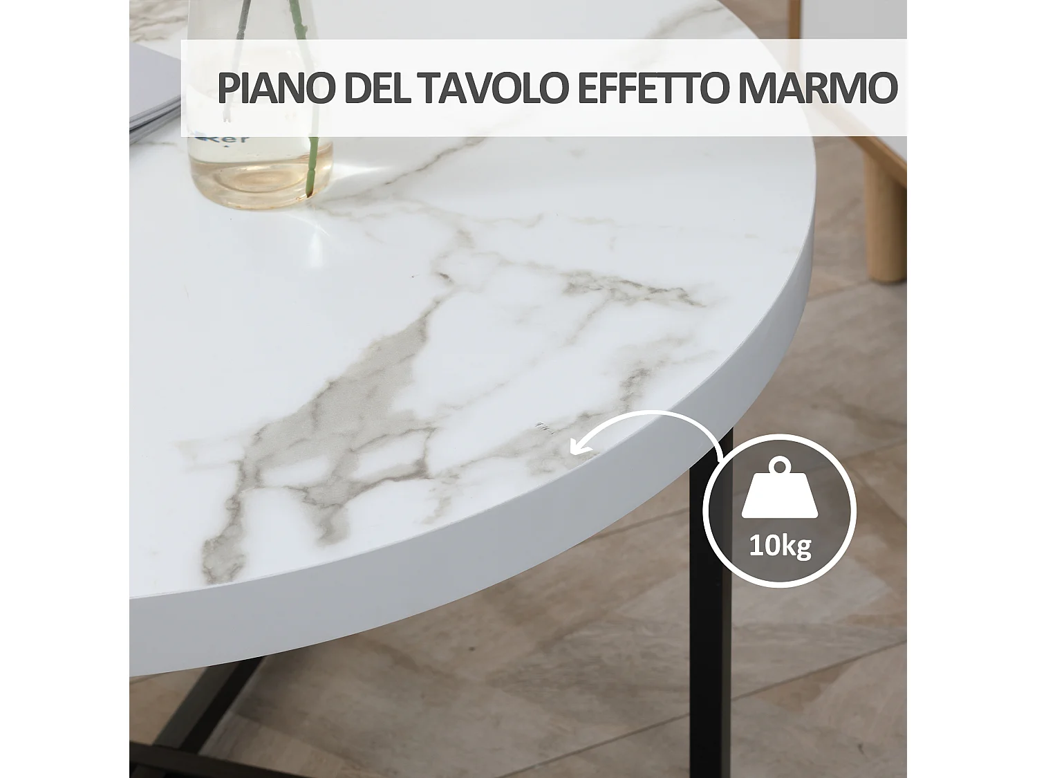 Tavolino da caffè rotondo con piano in mdf e gambe in metallo