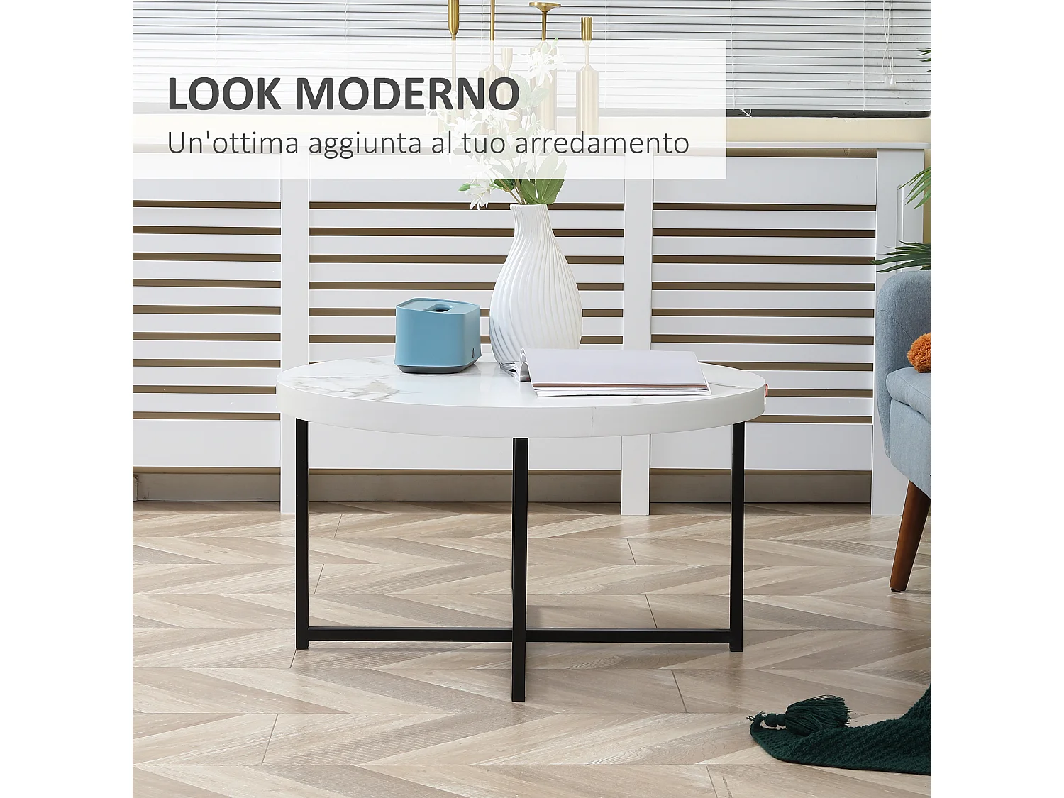 Tavolino da caffè rotondo con piano in mdf e gambe in metallo