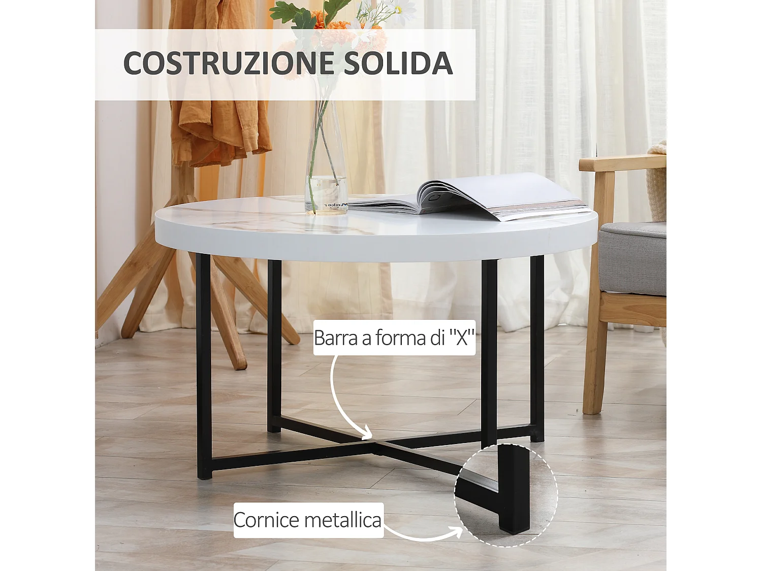 Tavolino da caffè rotondo con piano in mdf e gambe in metallo