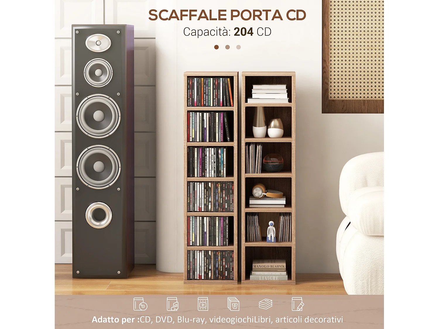 Set 2 scaffali porta CD con mensole regolabili colore legno