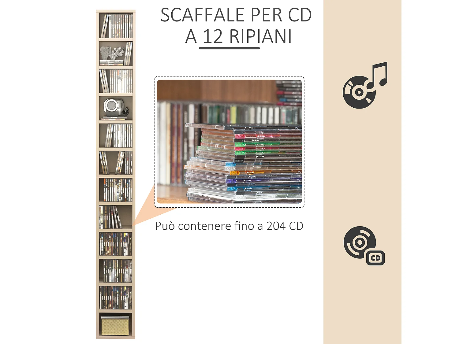 Mobile libreria porta cd a 12 ripiani in mdf e truciolato color legno