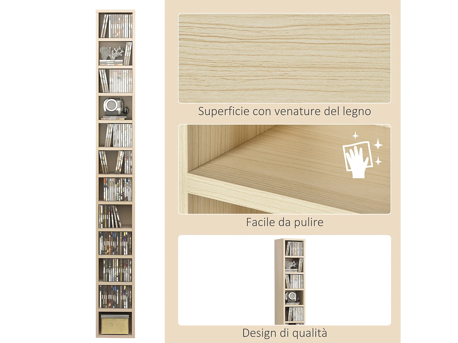 Mobile libreria porta cd a 12 ripiani in mdf e truciolato color legno
