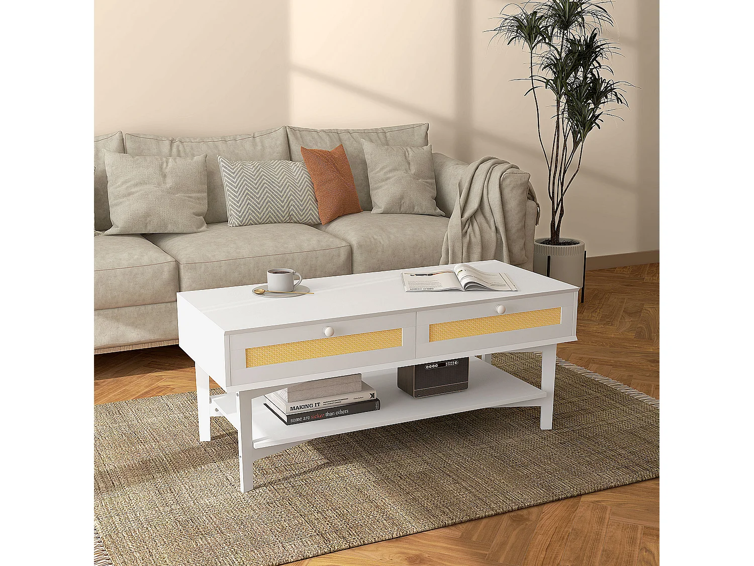 Tavolino da caffè con 2 cassetti e ripiano in rattan e truciolato