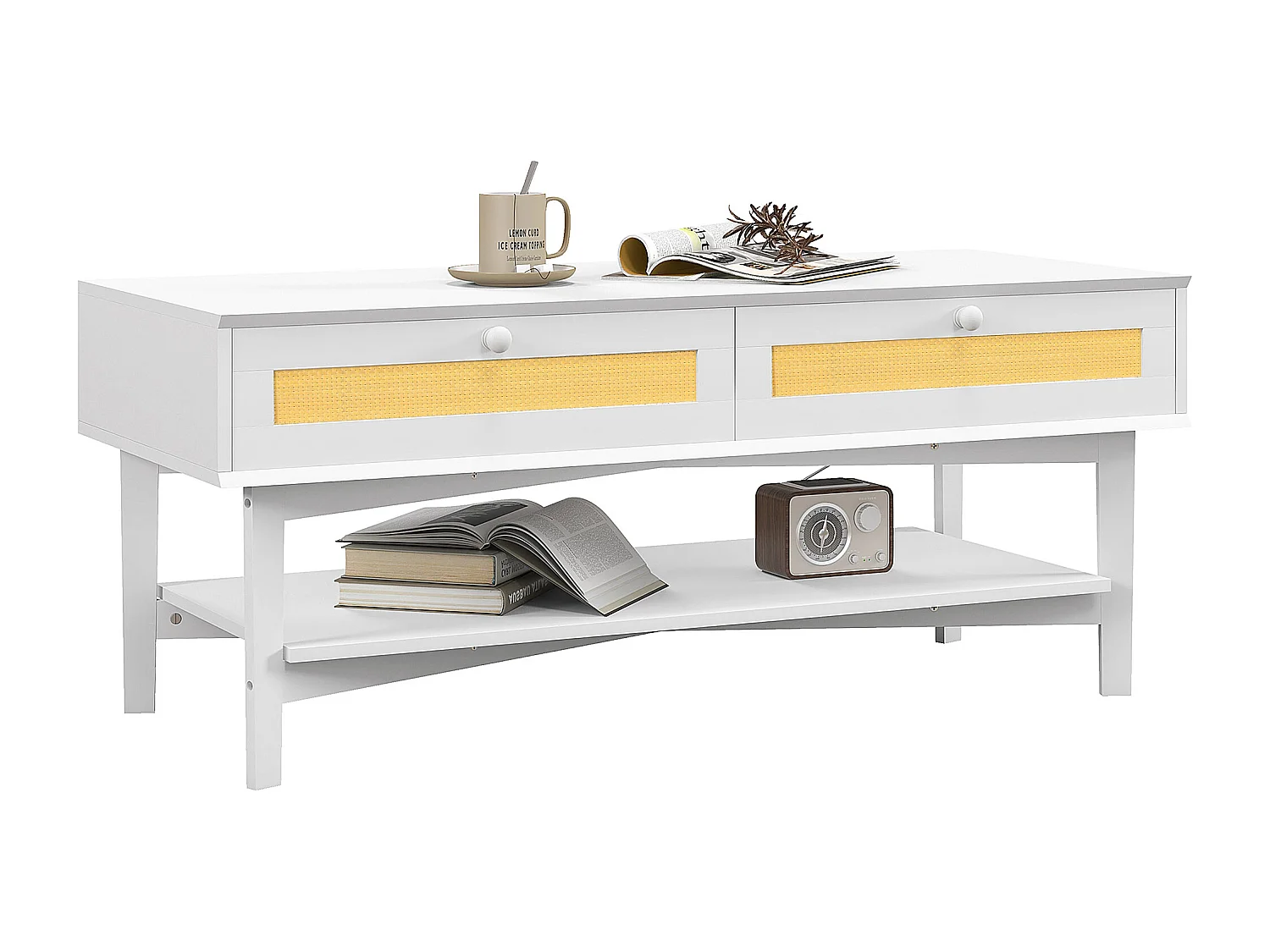 Tavolino da caffè con 2 cassetti e ripiano in rattan e truciolato