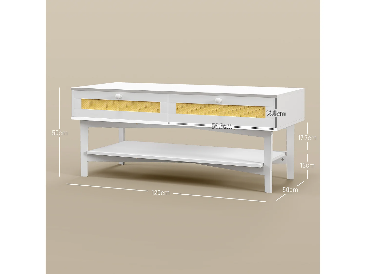 Tavolino da caffè con 2 cassetti e ripiano in rattan e truciolato