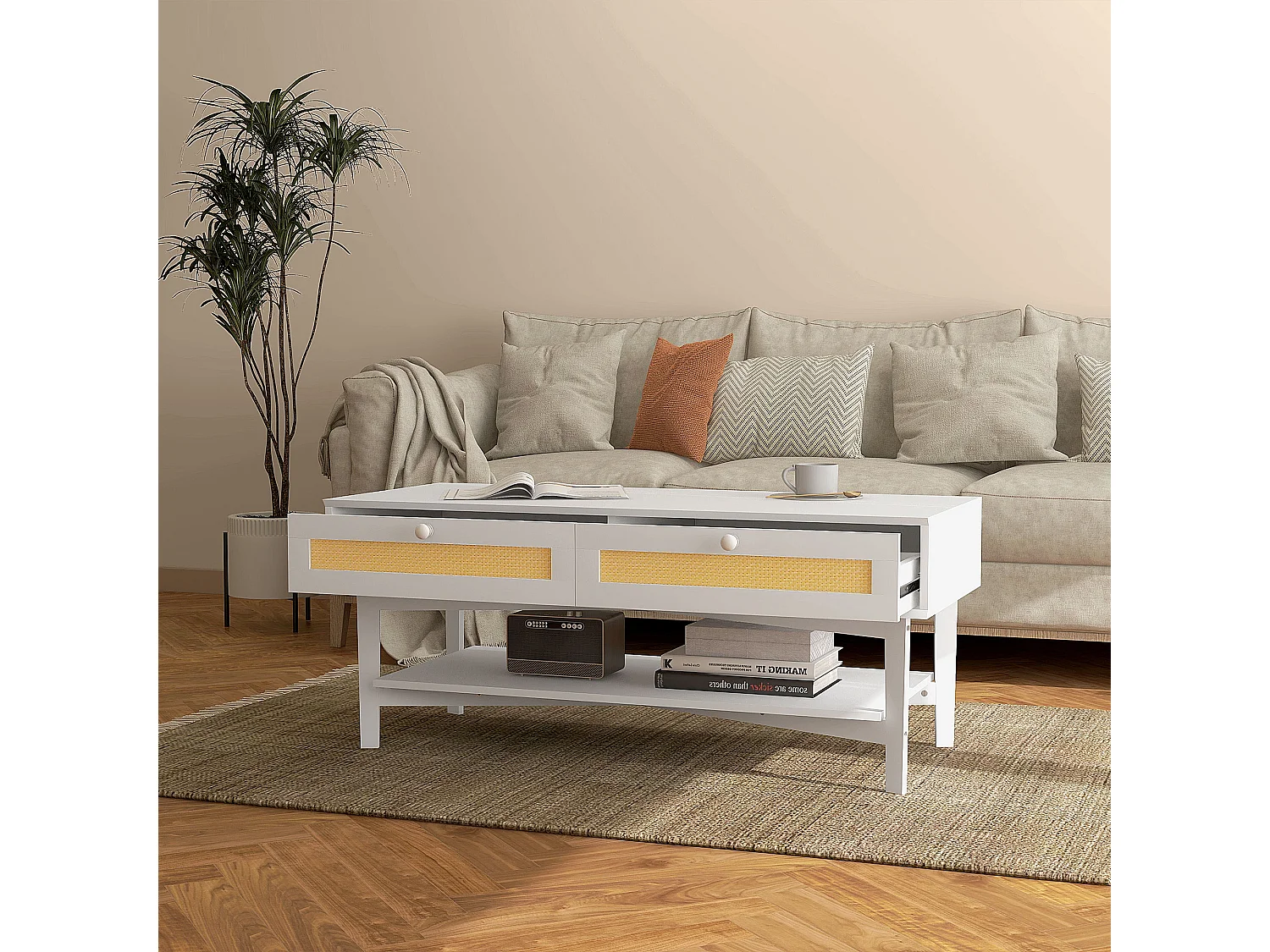 Tavolino da caffè con 2 cassetti e ripiano in rattan e truciolato