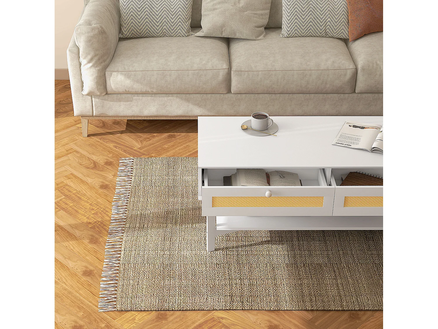 Tavolino da caffè con 2 cassetti e ripiano in rattan e truciolato