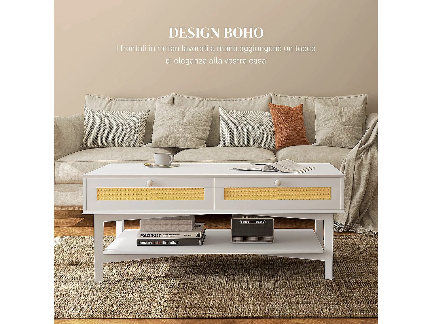 Tavolino da caffè con 2 cassetti e ripiano in rattan e truciolato