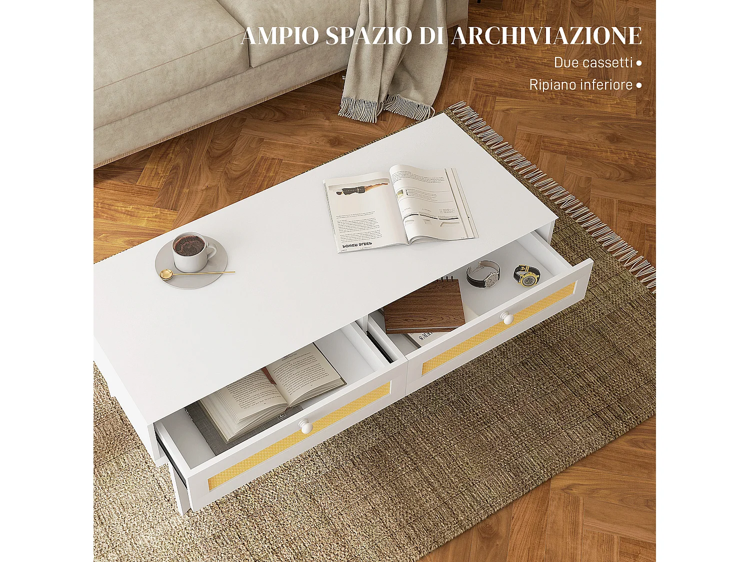 Tavolino da caffè con 2 cassetti e ripiano in rattan e truciolato