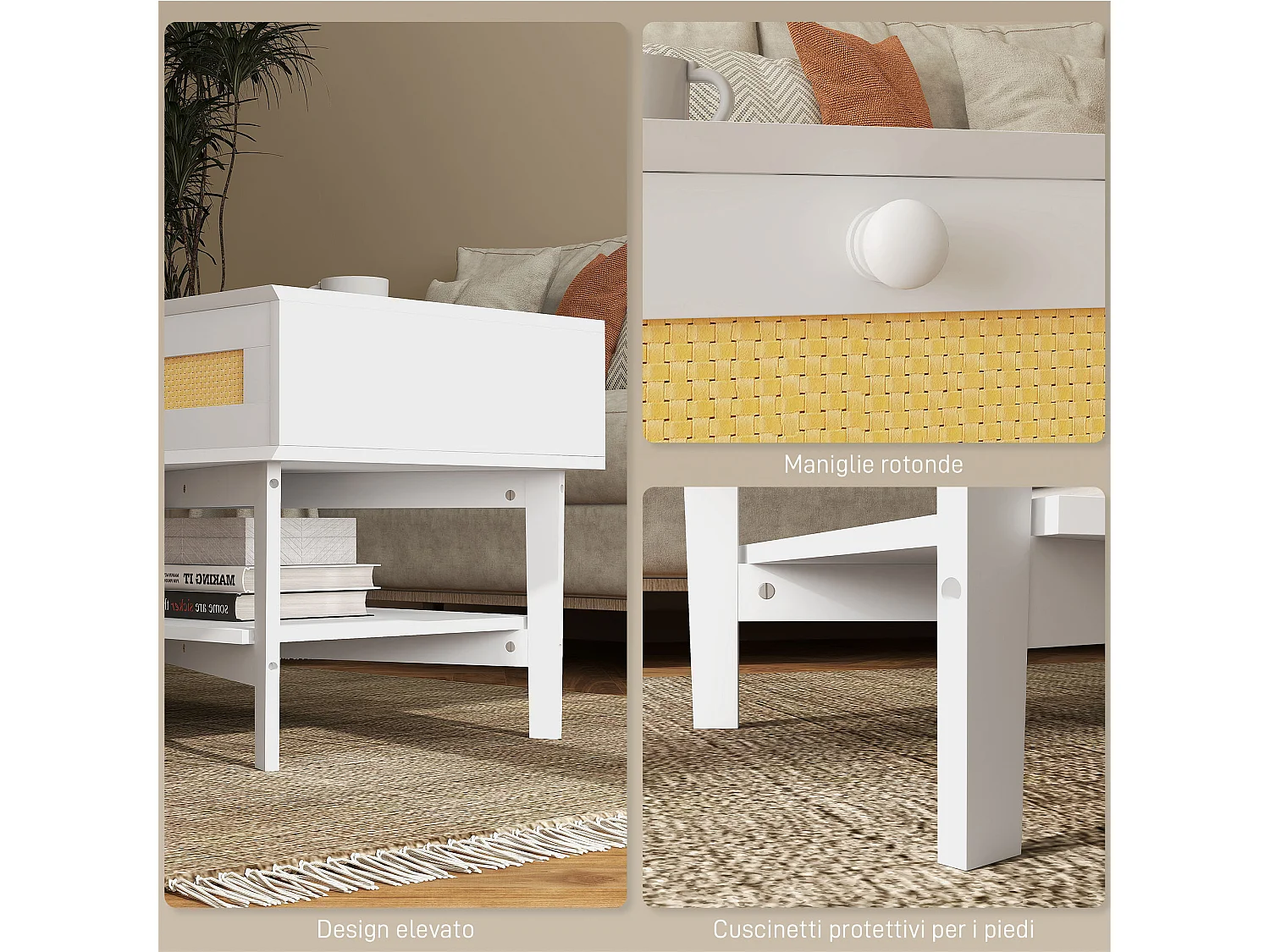 Tavolino da caffè con 2 cassetti e ripiano in rattan e truciolato