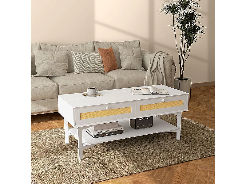 Tavolino da caffè con 2 cassetti e ripiano in rattan e truciolato