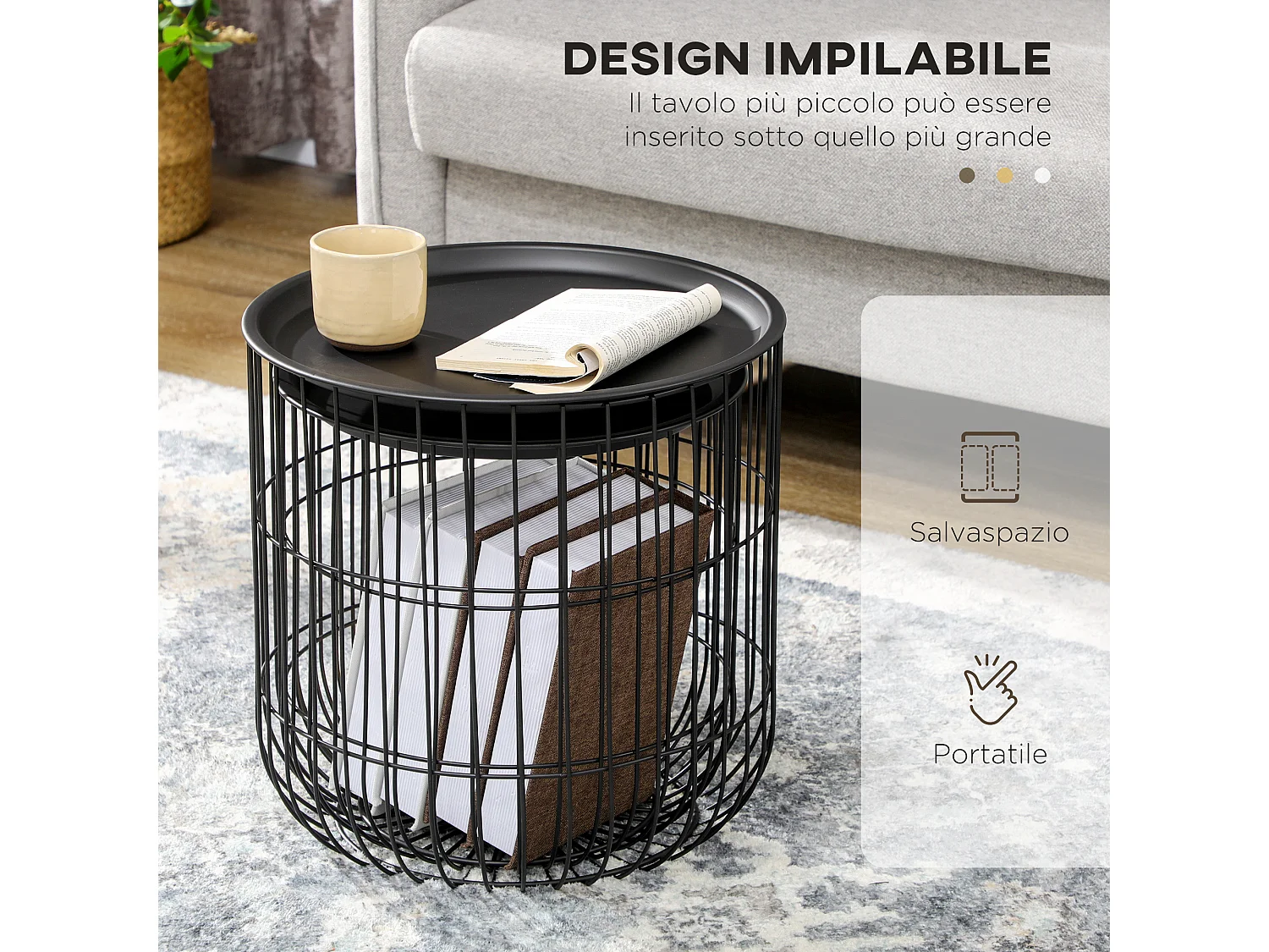 Set 2 tavolini da caffè impilabili rotondi con contenitore nero