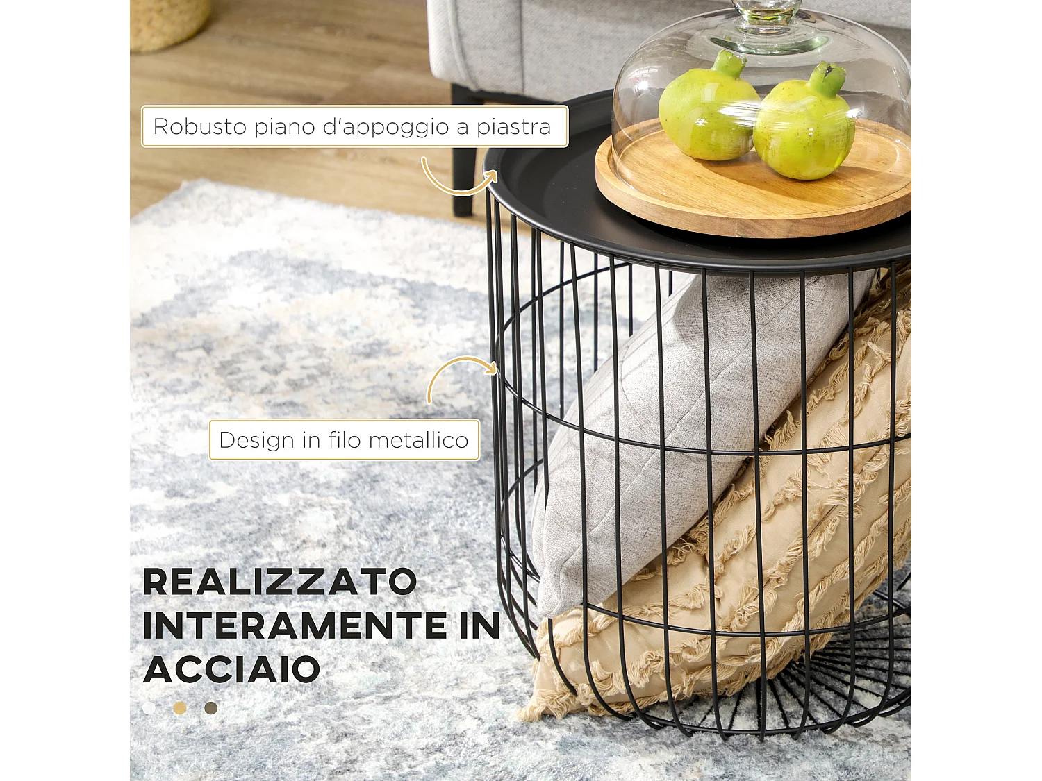 Set 2 tavolini da caffè impilabili rotondi con contenitore nero