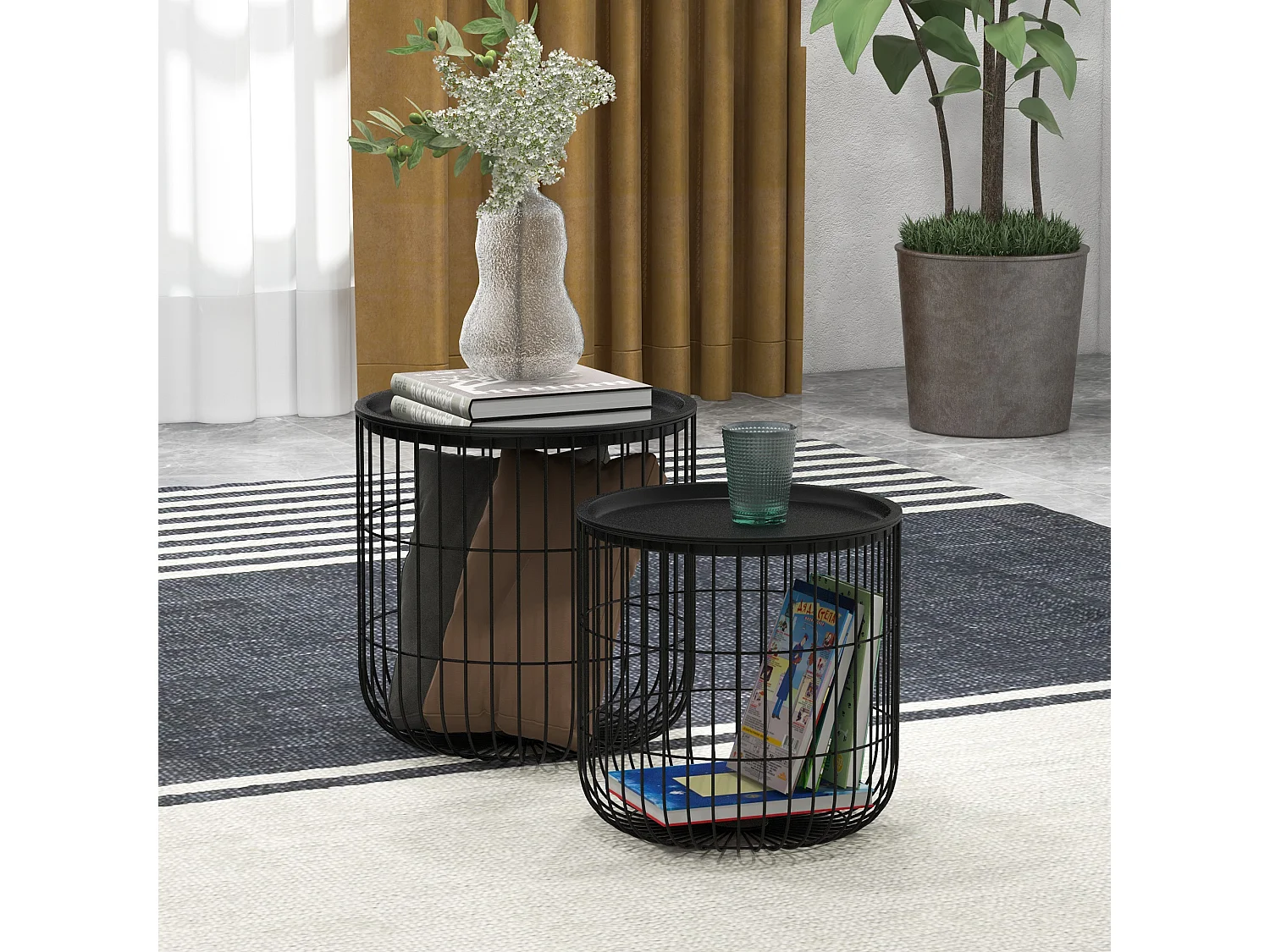 Set 2 tavolini da caffè impilabili rotondi con contenitore nero