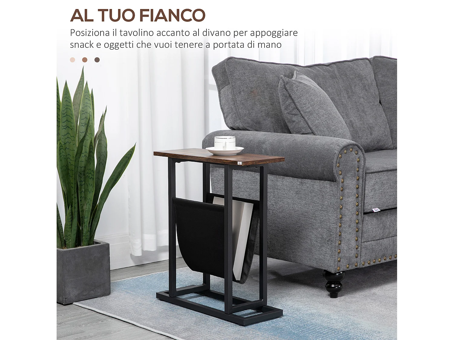 Tavolino da salotto basso con borsa portaoggetti marrone e nero