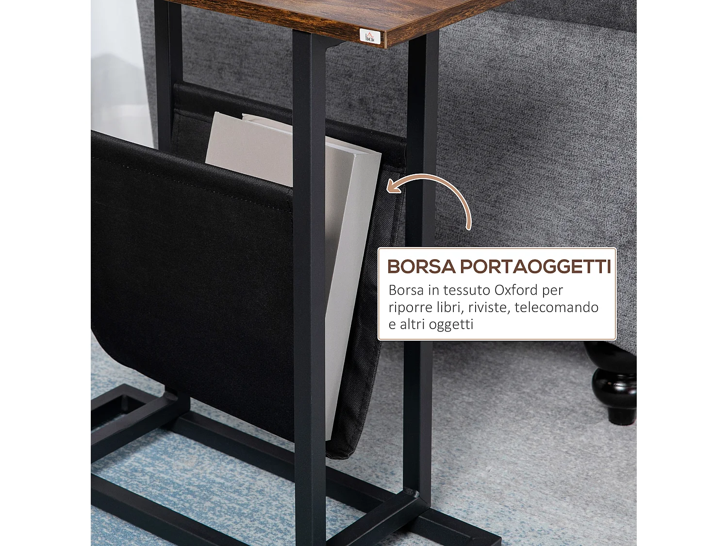 Tavolino da salotto basso con borsa portaoggetti marrone e nero