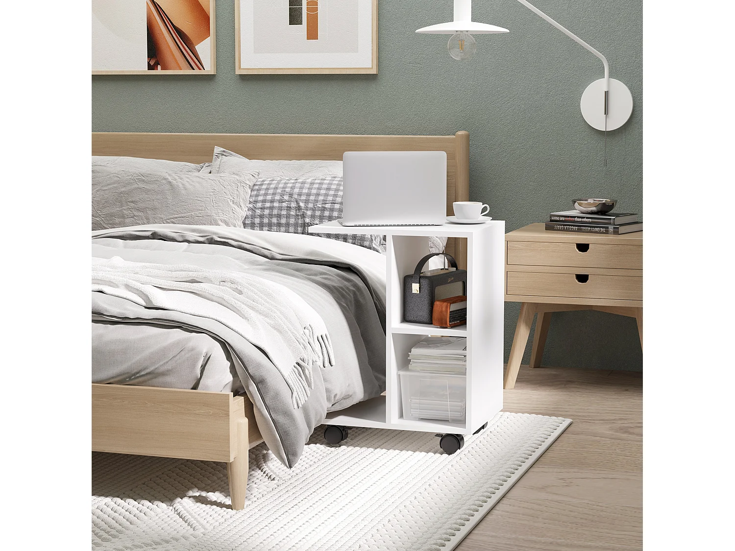 Tavolino da salotto a c con 2 ripiani aperti e 4 ruote girevoli bianco