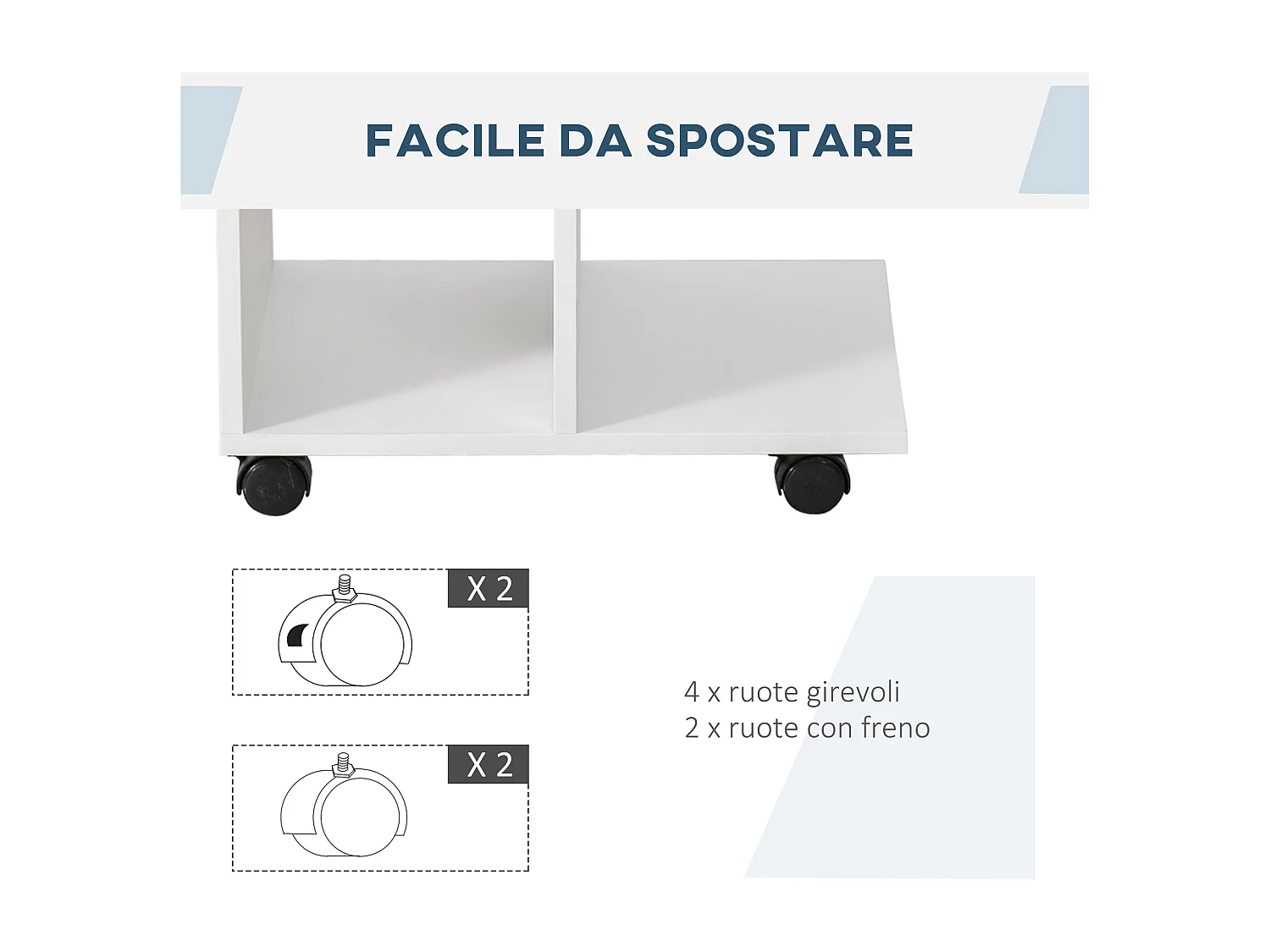 Tavolino da salotto a c con 2 ripiani aperti e 4 ruote girevoli bianco