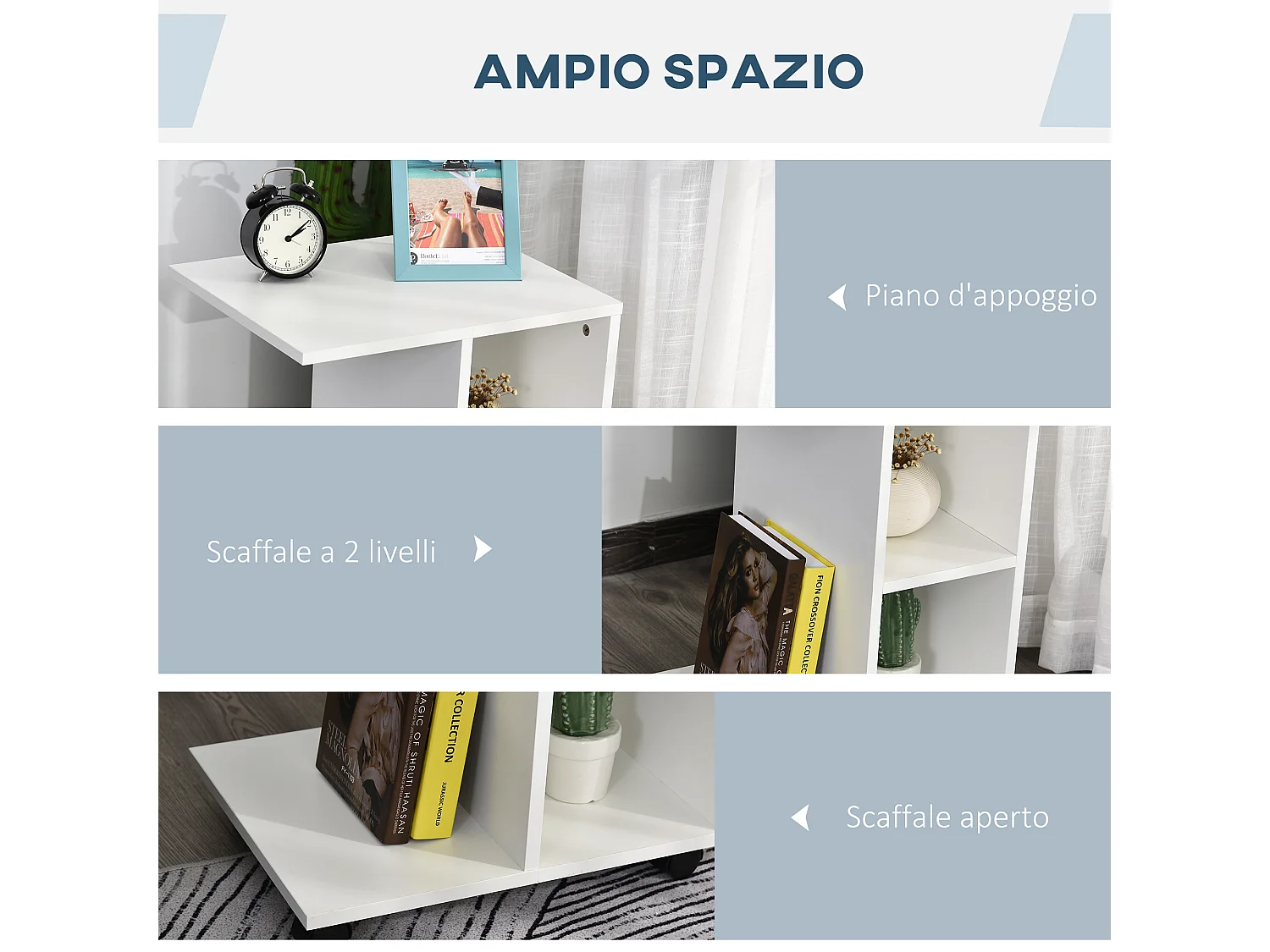 Tavolino da salotto a c con 2 ripiani aperti e 4 ruote girevoli bianco