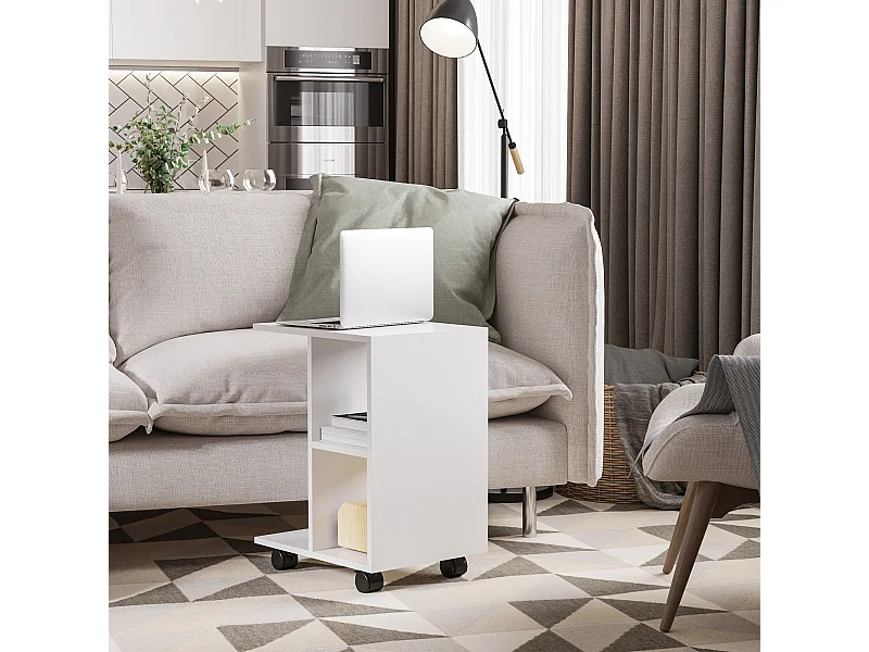 Tavolino da salotto a c con 2 ripiani aperti e 4 ruote girevoli bianco