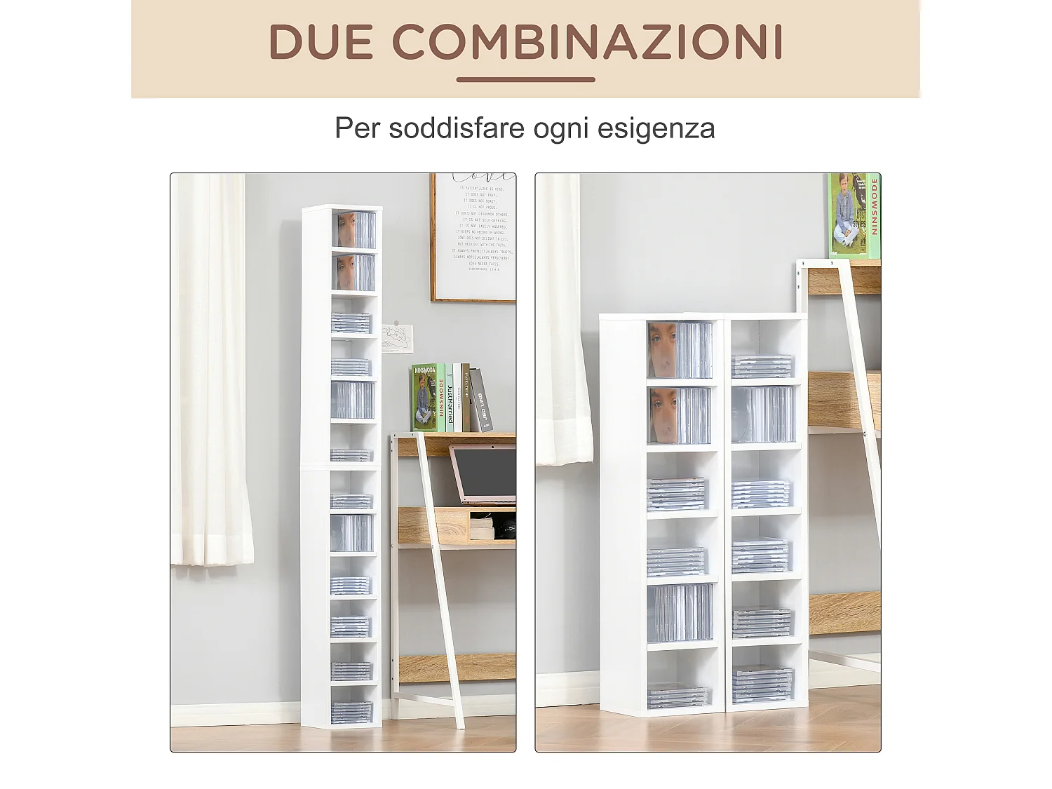 Set 2 librerie scaffale porta cd a 12 ripiani in legno bianco