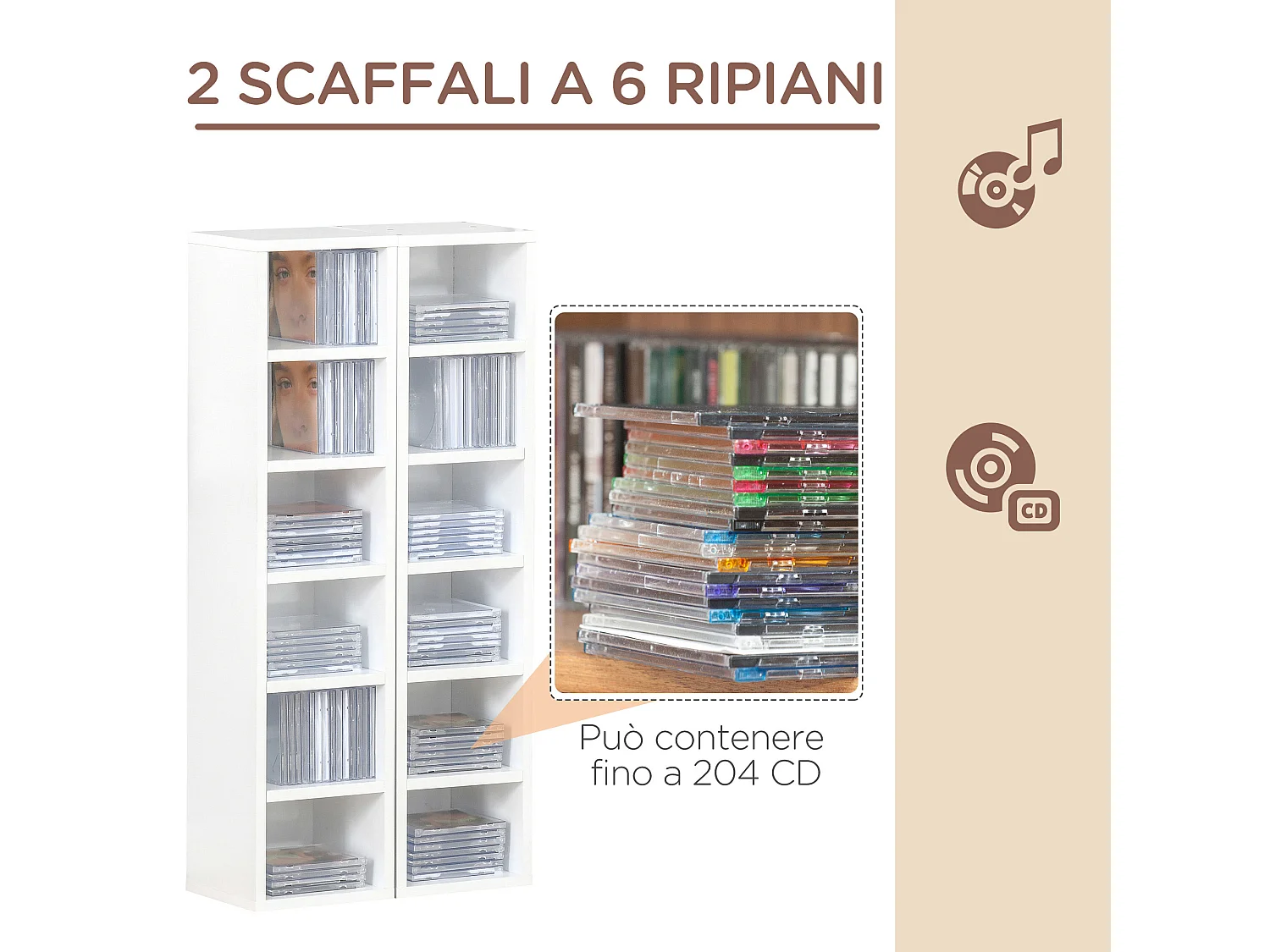 Set 2 librerie scaffale porta cd a 12 ripiani in legno bianco