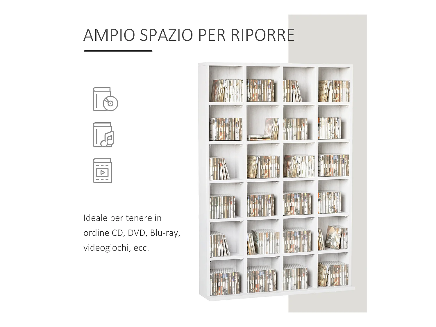 Mobile libreria porta cd a 24 ripiani regolabili bianco