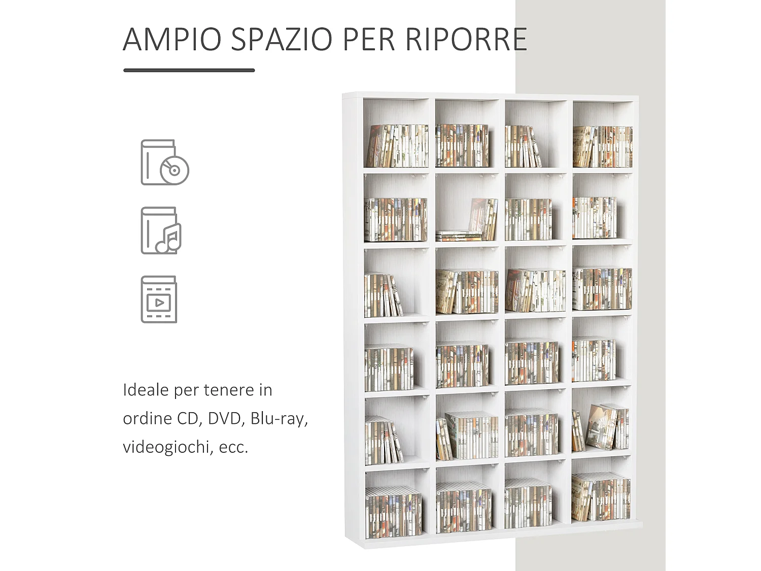 Mobile libreria porta cd a 24 ripiani regolabili bianco