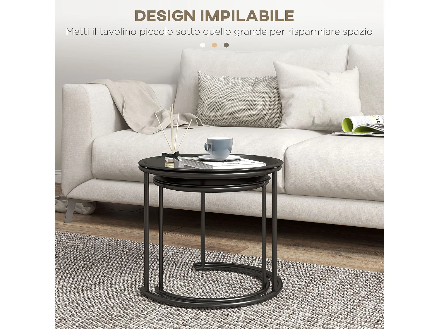 Set 2 tavolini da caffè sovrapponibili con vassoio rimovibile nero