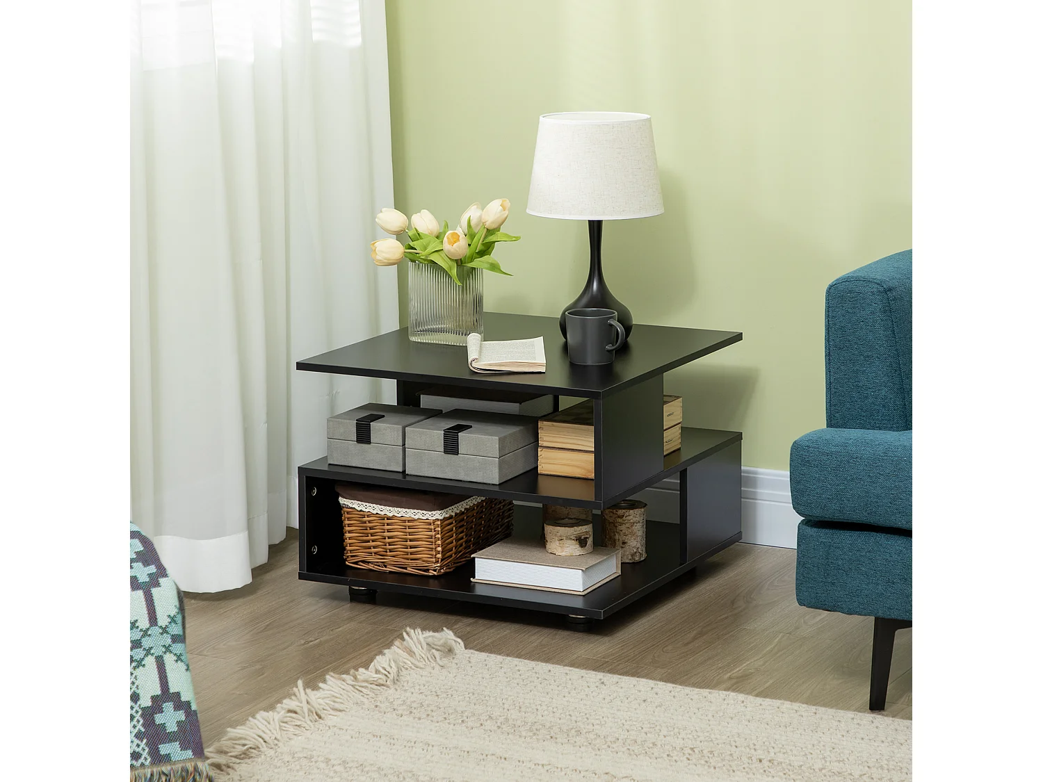 Tavolino da salotto asimmetrico quadrato ripiani in legno nero