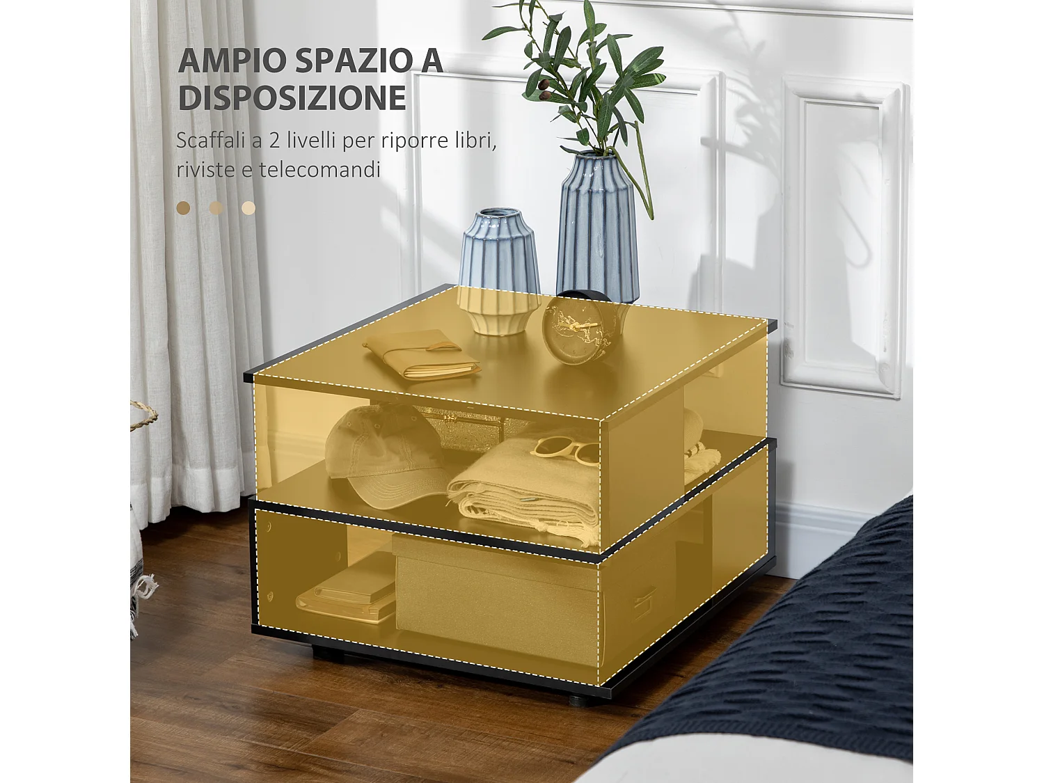 Tavolino da salotto asimmetrico quadrato ripiani in legno nero