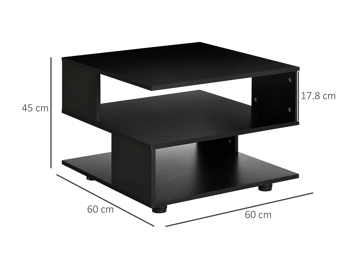 Tavolino da salotto asimmetrico quadrato ripiani in legno nero