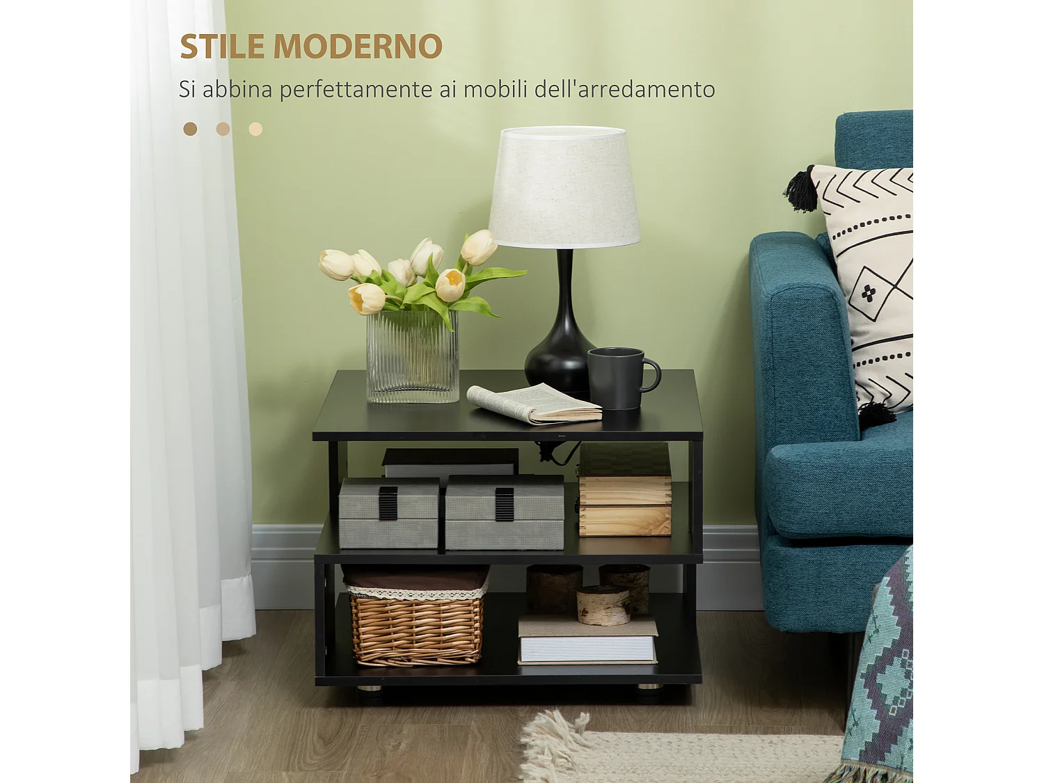 Tavolino da salotto asimmetrico quadrato ripiani in legno nero