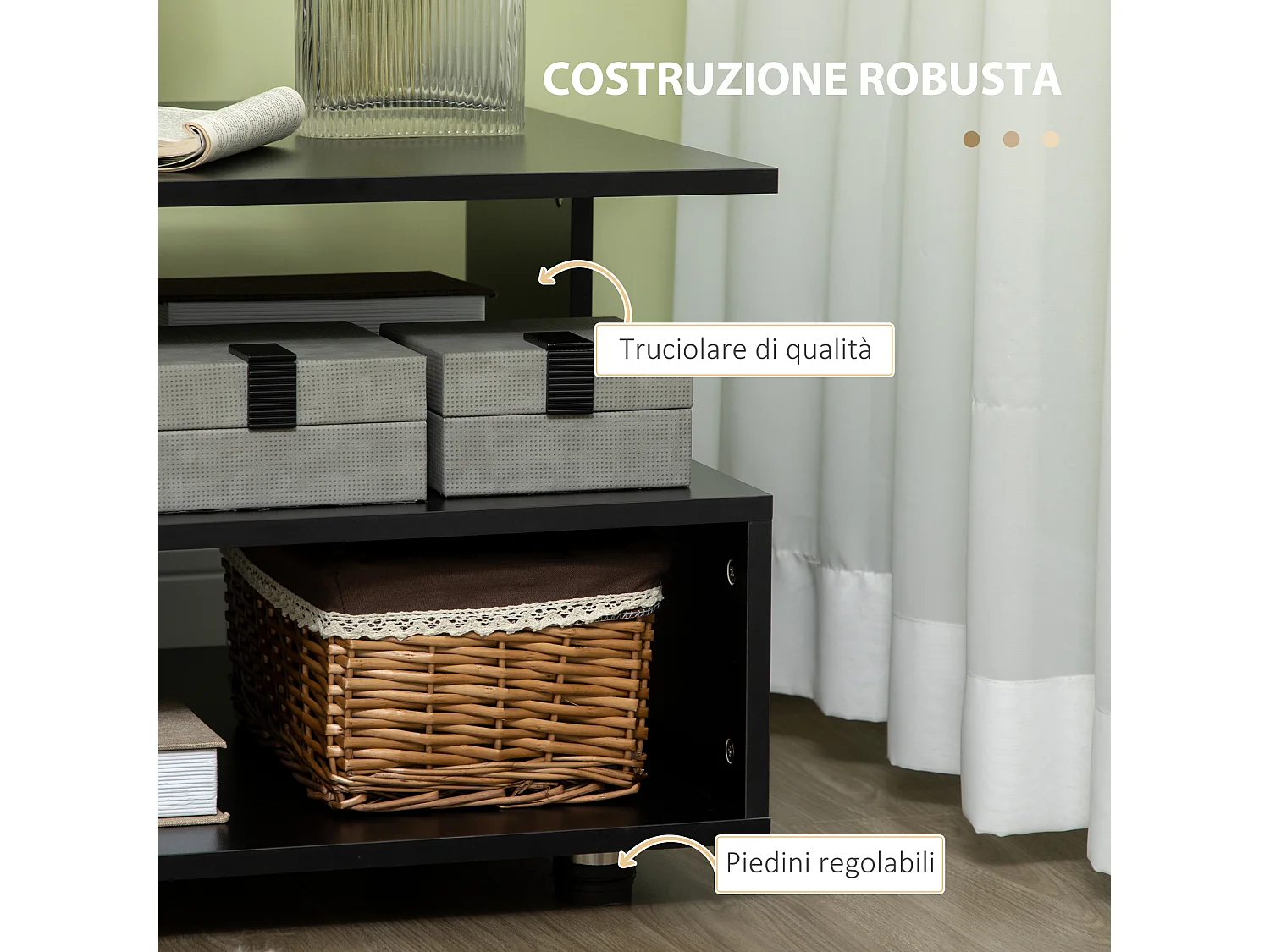 Tavolino da salotto asimmetrico quadrato ripiani in legno nero