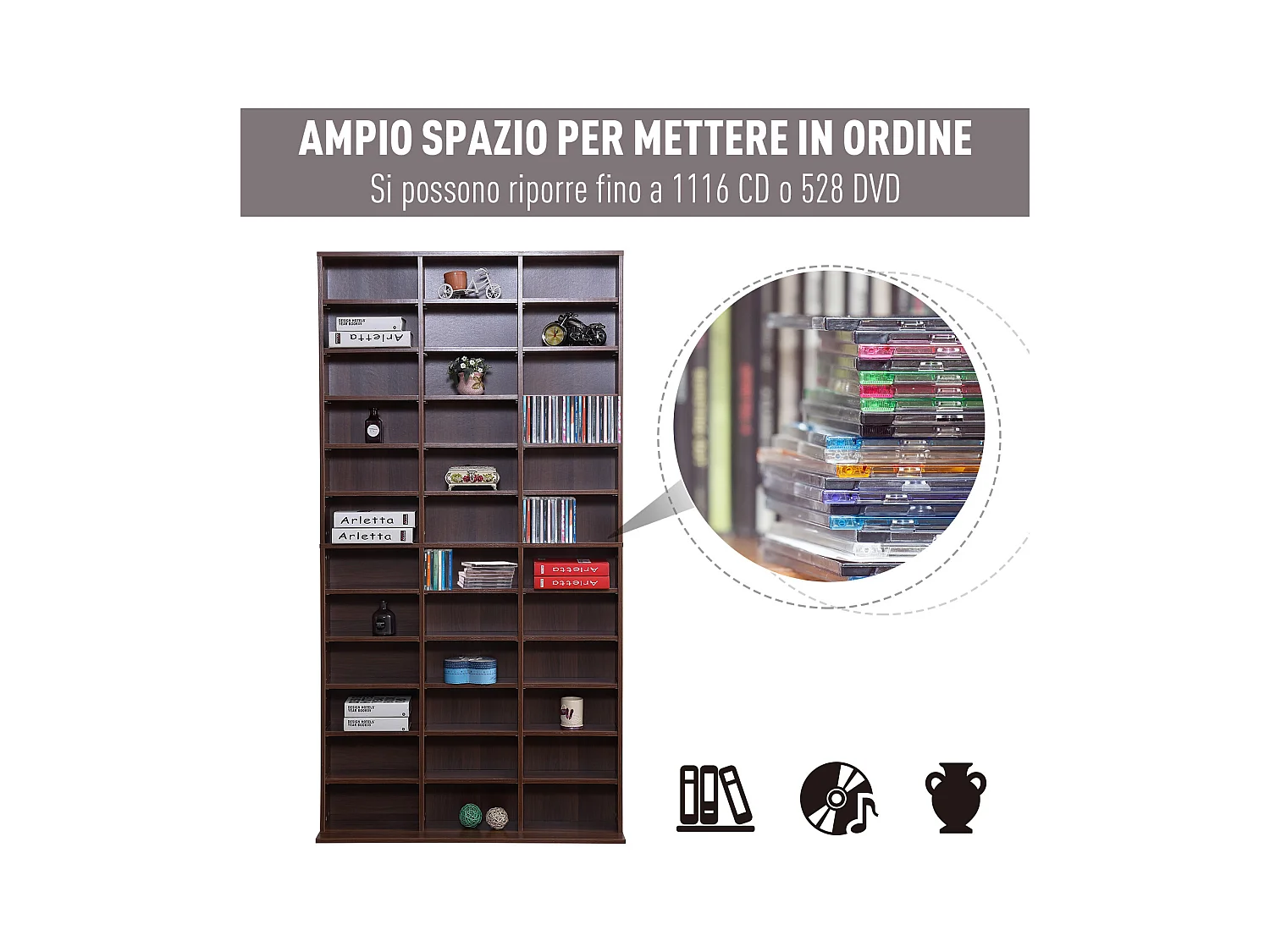 Mobile libreria modulare porta cd con 36 ripiani regolabili marrone