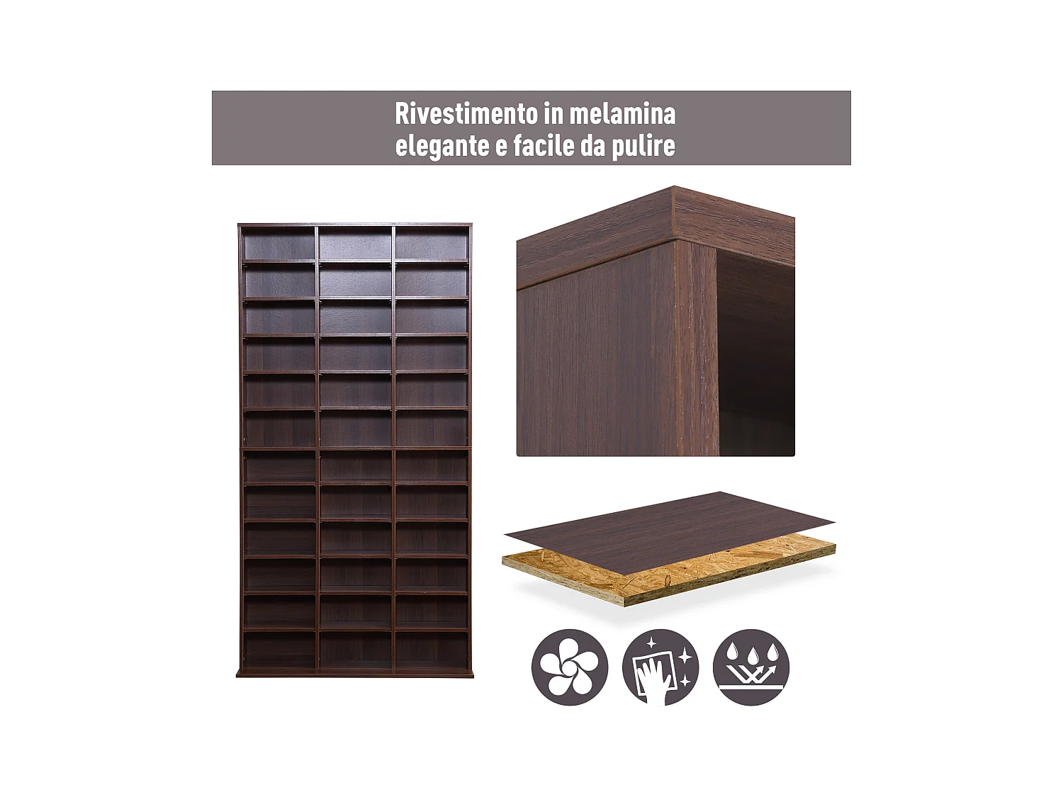 Mobile libreria modulare porta cd con 36 ripiani regolabili marrone