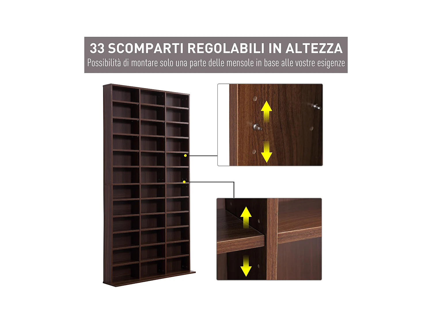 Mobile libreria modulare porta cd con 36 ripiani regolabili marrone
