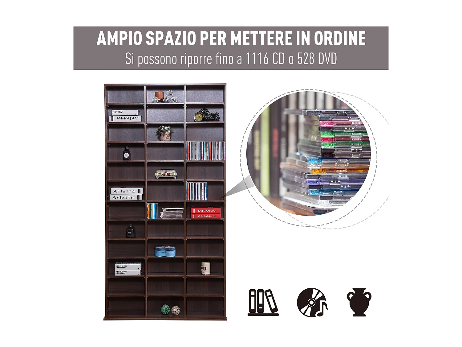 Mobile libreria modulare porta cd con 36 ripiani regolabili marrone