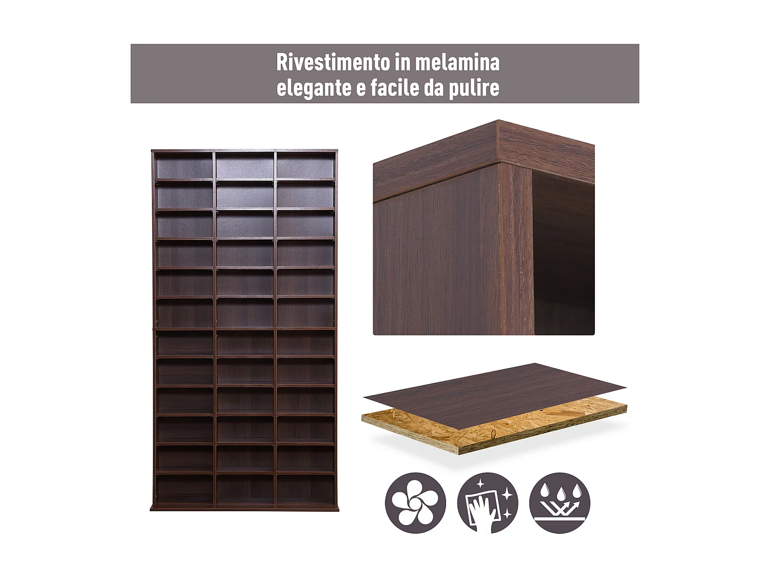 Mobile libreria modulare porta cd con 36 ripiani regolabili marrone