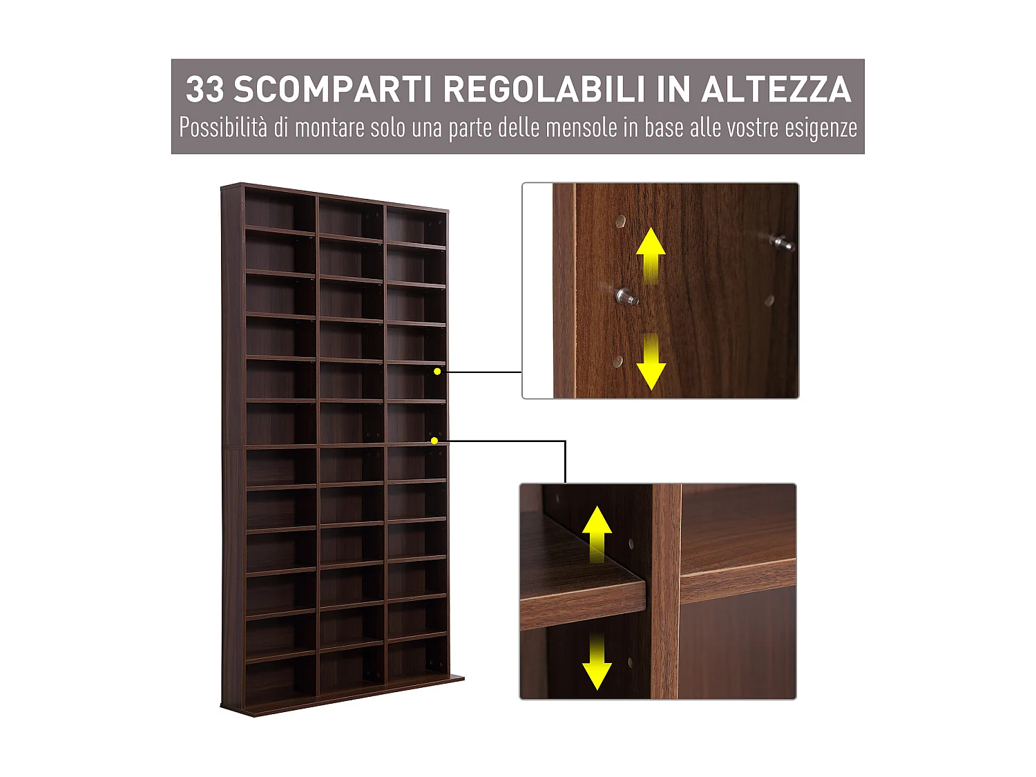 Mobile libreria modulare porta cd con 36 ripiani regolabili marrone