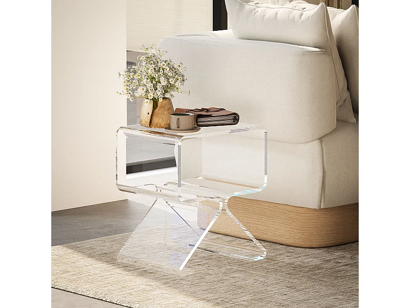 Tavolino basso 2 livelli con gambe triangolari in acrilico trasparente