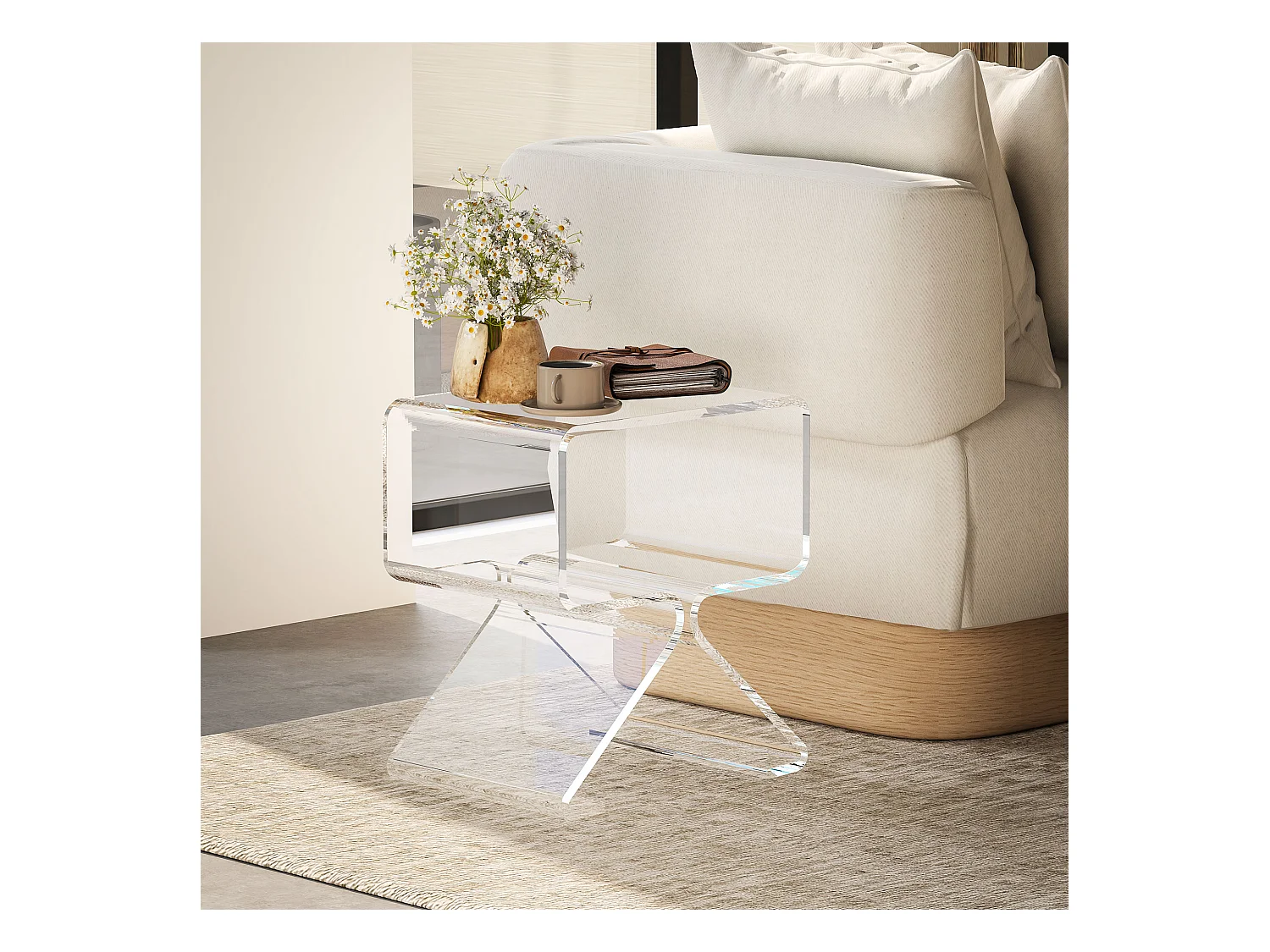 Tavolino basso 2 livelli con gambe triangolari in acrilico trasparente