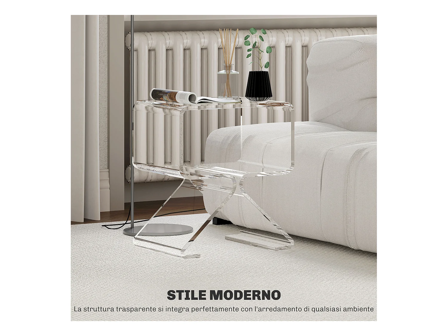 Tavolino basso 2 livelli con gambe triangolari in acrilico trasparente